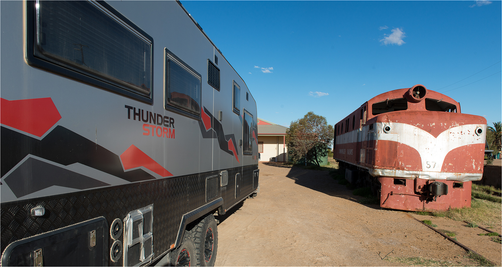 Thunderstorm meets The old Ghan at the Marree Station