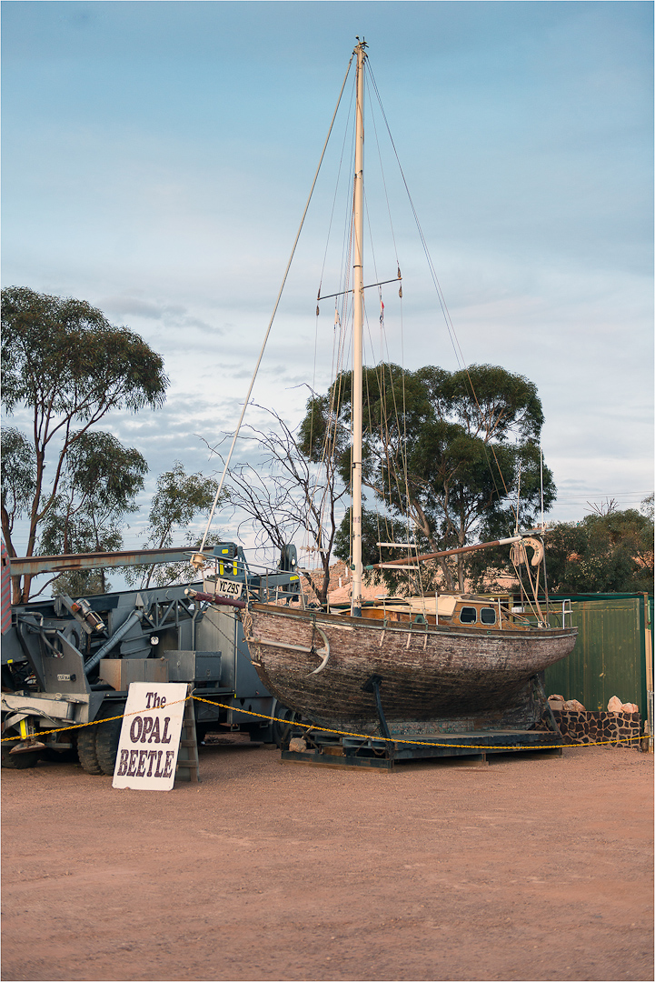 Old timber yacht sits aground the streets of Coober Pedy, South australia