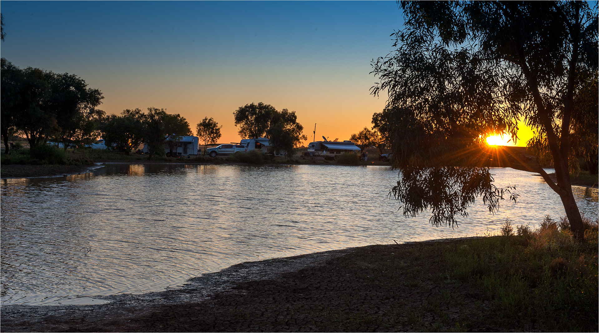 The Long Waterhole camp at Winton as the sunsets