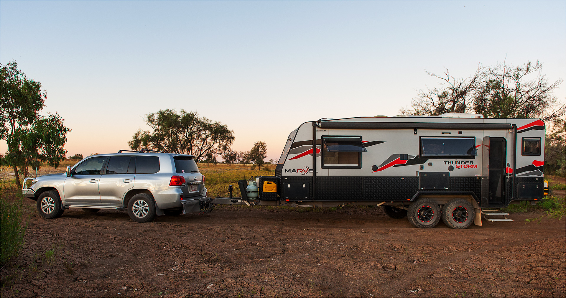 The Long Waterhole camp at Winton as the sunsets